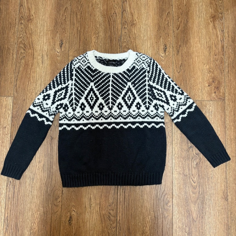 Cliche Couture Wool Black Fair Isle Knit Sweater Womens Size S Cozy Cabincore‎